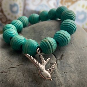 Turquoise Wooden Bead Bracelet with Sparrow Accent